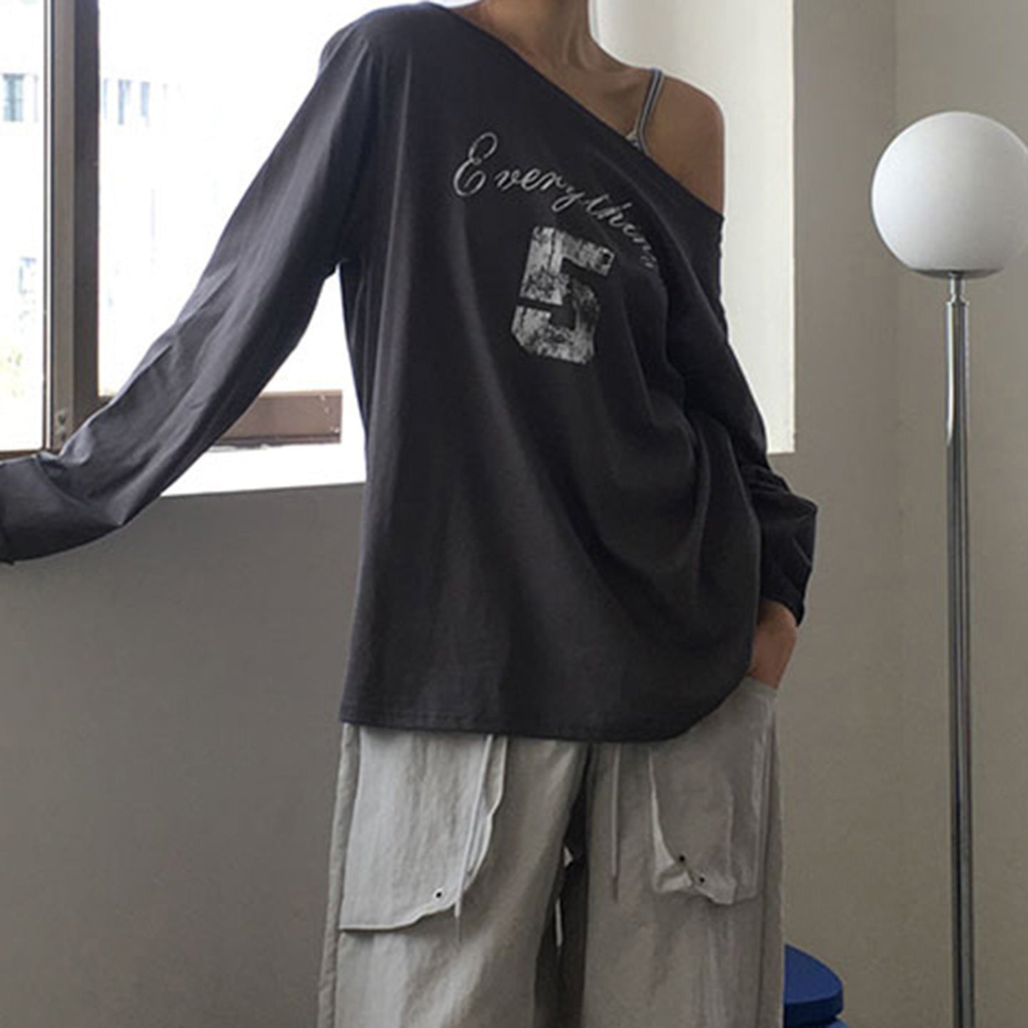 Zarusky Slanted Collar Off Shoulder Letter Print Top – Loose Fit Long Sleeve