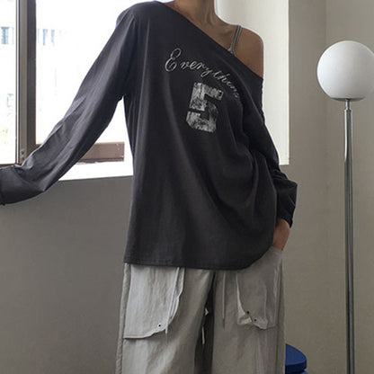 Zarusky Slanted Collar Off Shoulder Letter Print Top – Loose Fit Long Sleeve