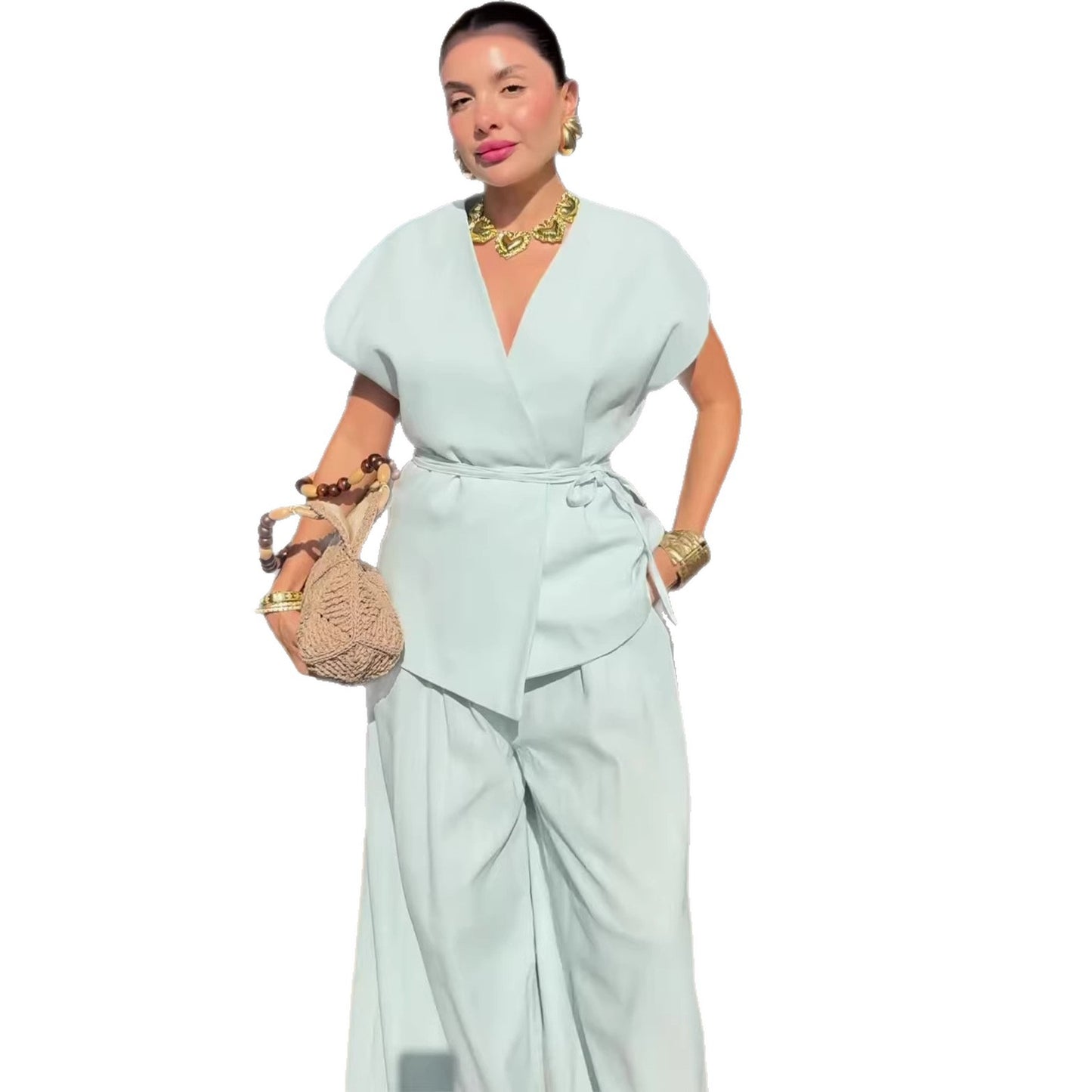 Women's V-Neck Puff Sleeve Two-Piece Set – Top & Long Pants, 3 Colors