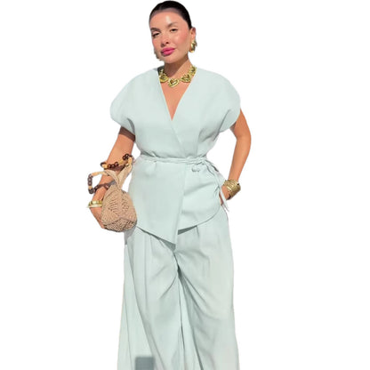 Women's V-Neck Puff Sleeve Two-Piece Set – Top & Long Pants, 3 Colors
