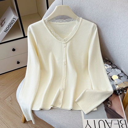 Lace Trim Round Neck Knit Sweater - Long Sleeve Pullover