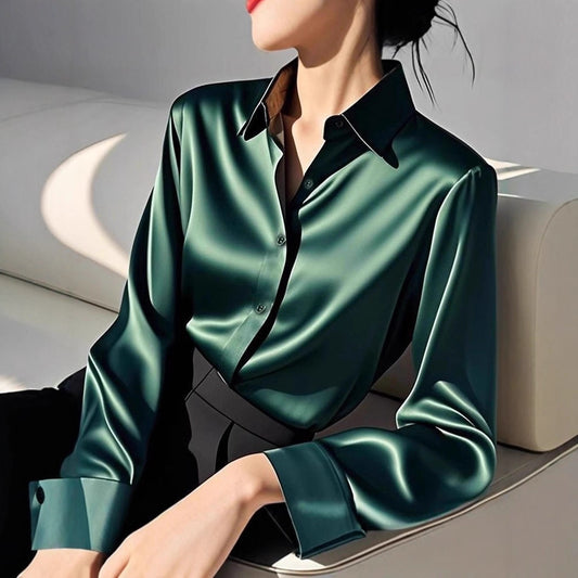 Women’s High-Quality Acetate Satin Shirt – Dark Green Long Sleeve | Elegant Luxury Blouse