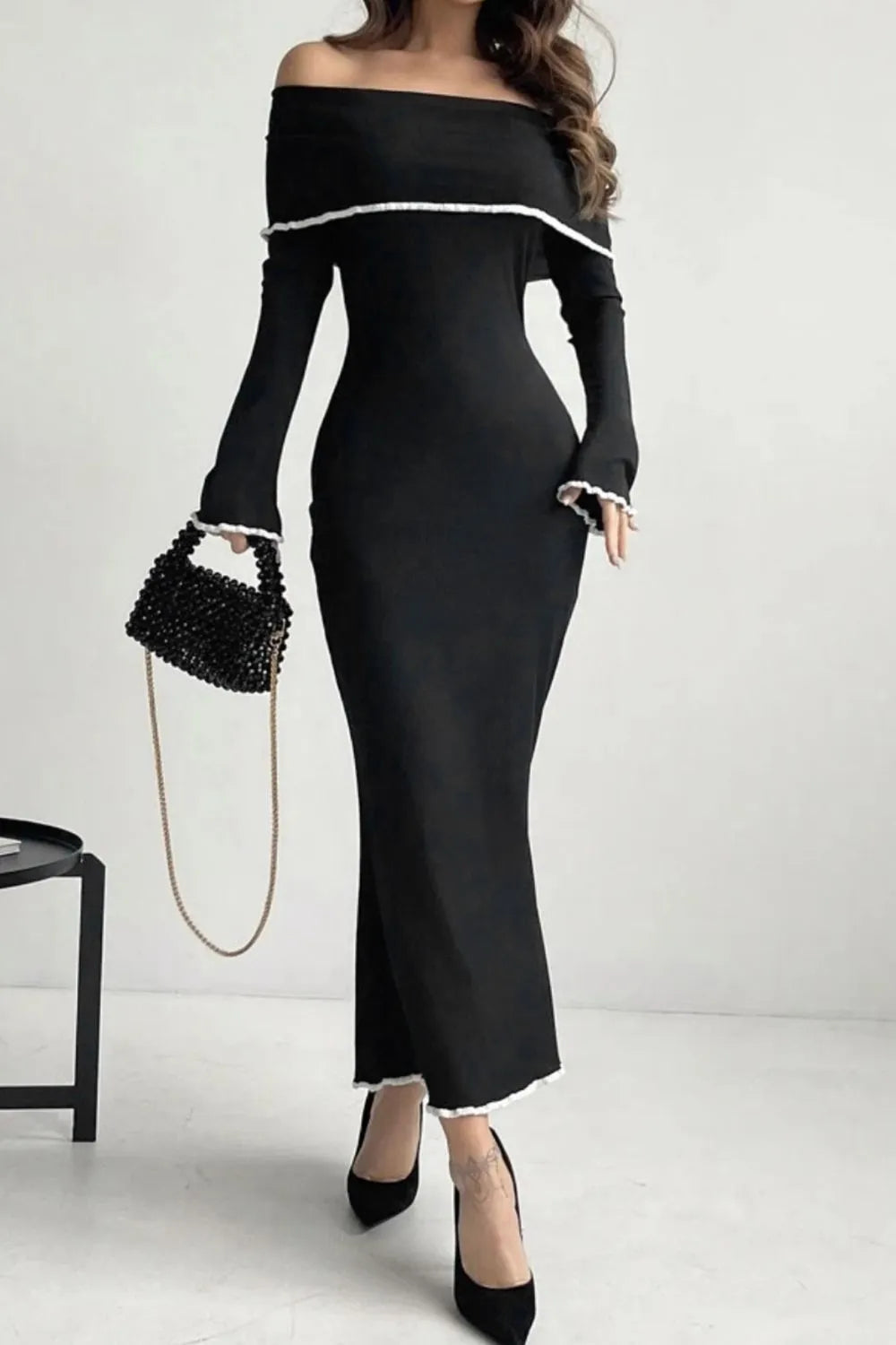 Off-Shoulder Maxi Sweater Dress - Contrast Trim Long Sleeve
