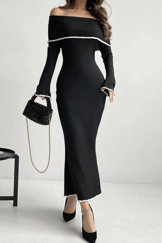 Off-Shoulder Maxi Sweater Dress - Contrast Trim Long Sleeve