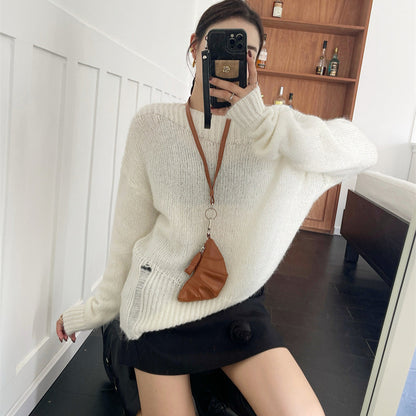 Zarusky Off Shoulder Loose Knit Sweater – Ripped Slanted Collar High-End Top