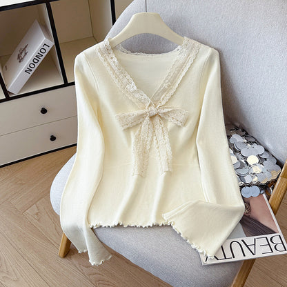 V-Neck Knit Sweater with Bow Detail - Flared Sleeve Pullover