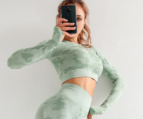 Camouflage 3-Piece Women’s Sportswear Set – Long Sleeve Sports Bra, Hip-Lifting Tight Pants & Fitness Yoga Suit