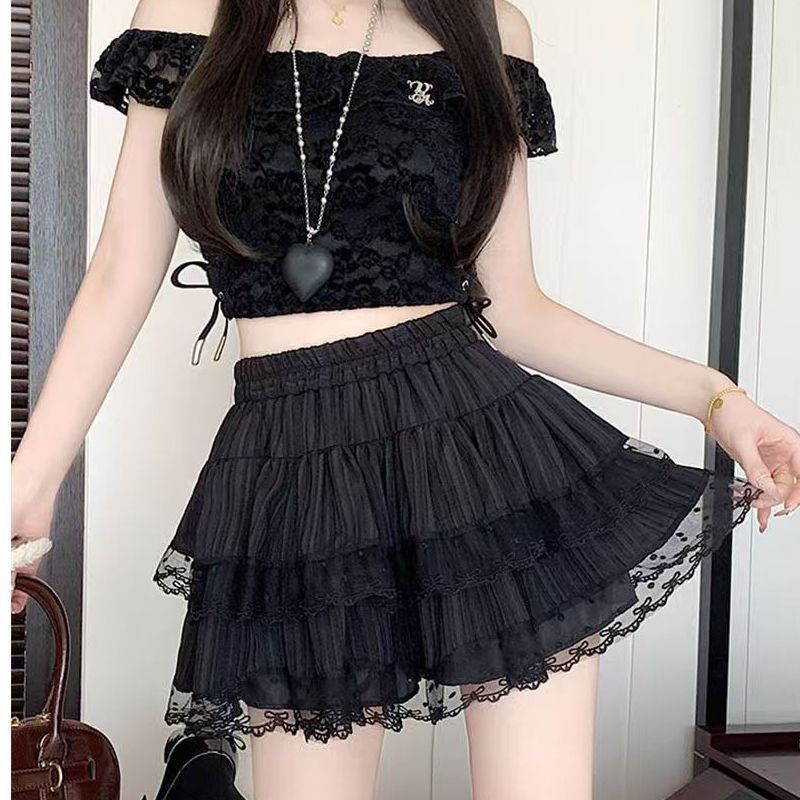 Women's Lace Trim Tiered A-Line Mini Skirt – High Waist Ruffle Skirt