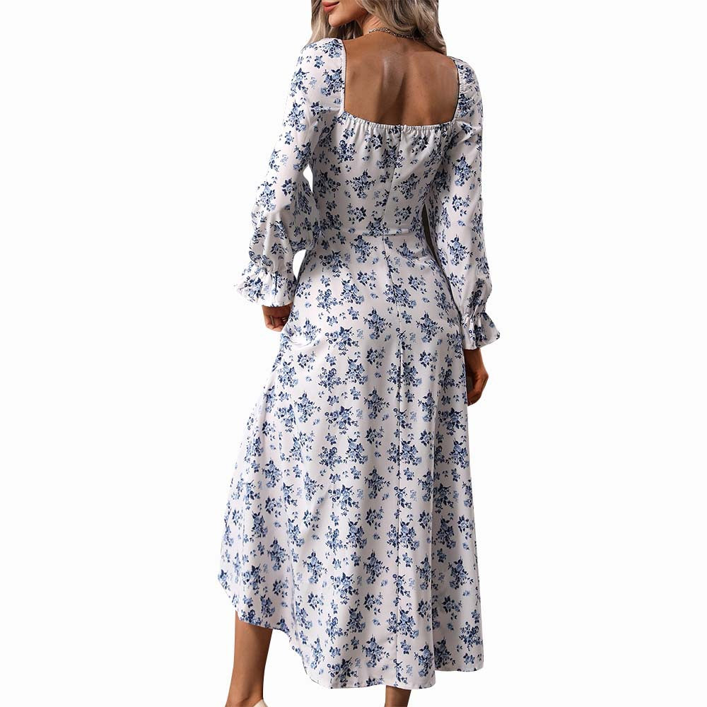 Women's Floral Square Neck Lace-Up Slim Maxi Dress | White