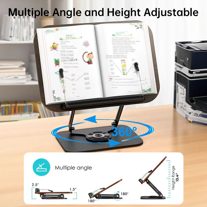 360° rotating adjustable book stand with elastic clips. Hands-free reading for cookbooks, laptops, tablets, and documents—stable, flexible, and space-saving.