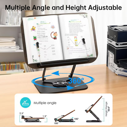 360° rotating adjustable book stand with elastic clips. Hands-free reading for cookbooks, laptops, tablets, and documents—stable, flexible, and space-saving.