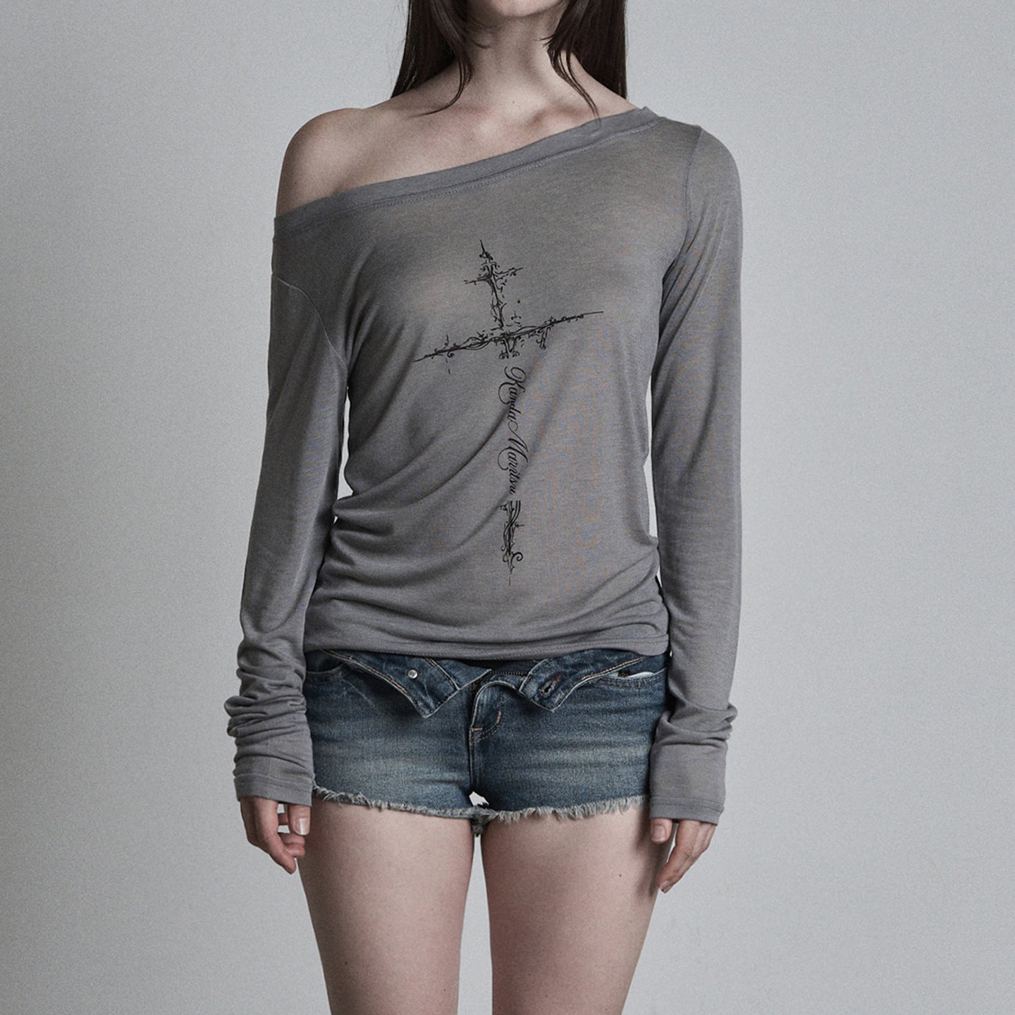 Women's Cross Print Slanted Neck Off Shoulder Long Sleeve Top