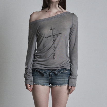 Women's Cross Print Slanted Neck Off Shoulder Long Sleeve Top