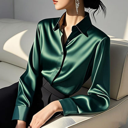 Women’s High-Quality Acetate Satin Shirt – Dark Green Long Sleeve | Elegant Luxury Blouse
