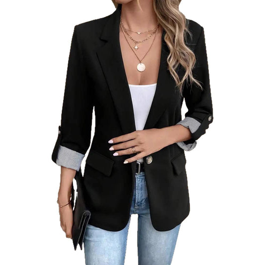Zarusky™ Luxe Buttoned Slim-Fit Blazer for Women – Rolled-Up 3/4 Sleeve Tailored Jacket | Premium Elegant Outerwear