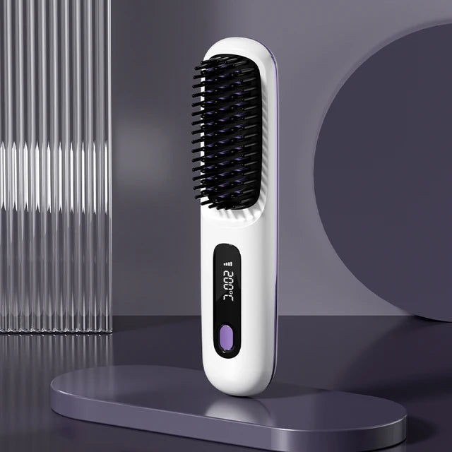 Cordless hair straightener comb with digital adjustable temperature. Safe, easy to use, and perfect for smooth styling at home or while traveling.