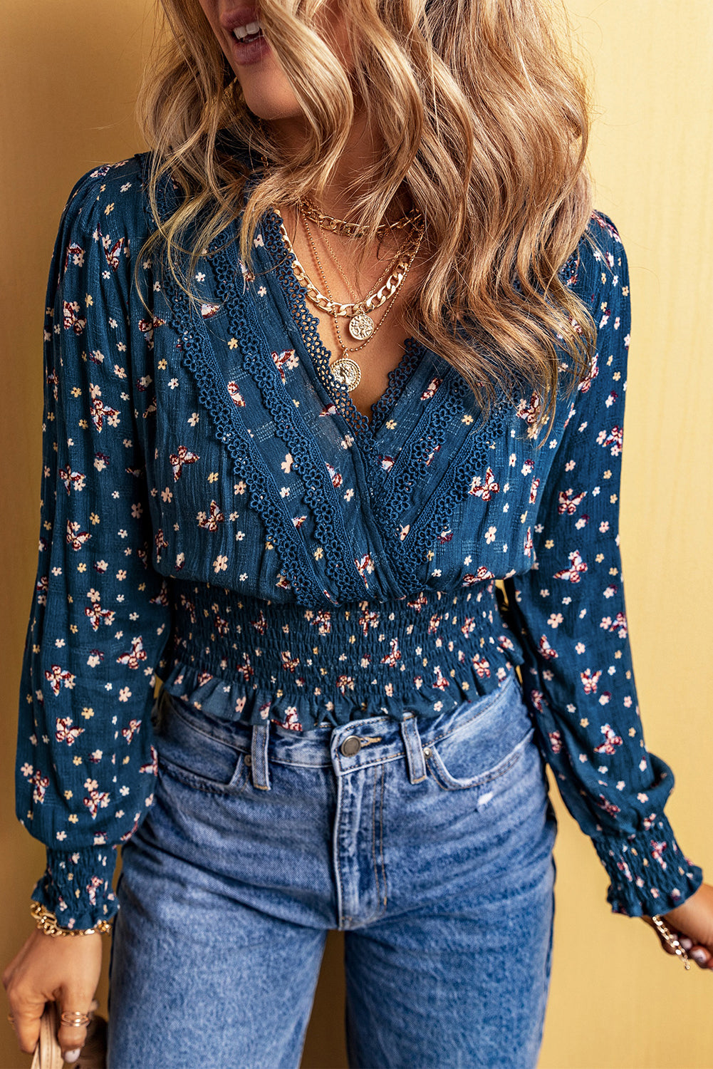 Blue Floral Lace Trim Blouse - V-Neck Smocked Waist Top