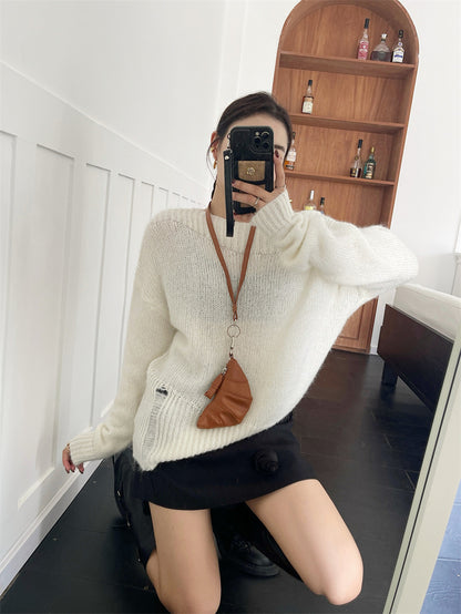 Zarusky Off Shoulder Loose Knit Sweater – Ripped Slanted Collar High-End Top