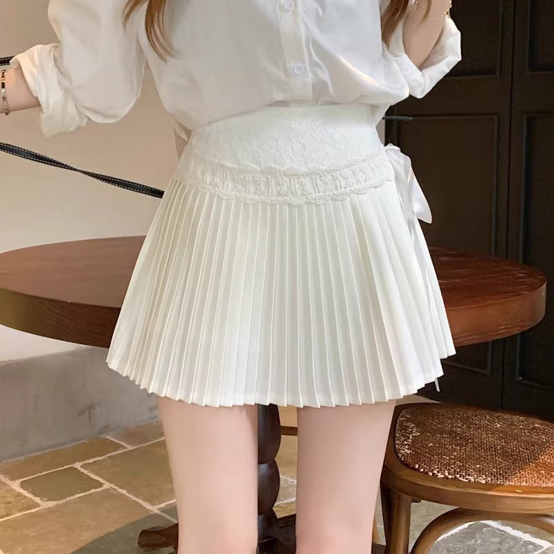 Women's White Lace Trim Pleated Mini Skirt – High Waist Ballet Style