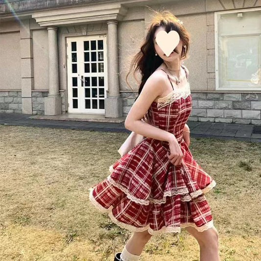 Red One-Shoulder A-Line Mini Dress - Lace Trim Sleeveless Dress