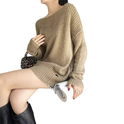 Zarusky Off Shoulder Loose Knit Sweater – Ripped Slanted Collar High-End Top