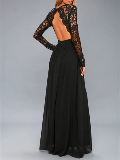 Black Lace Backless Maxi Dress - V-Neck Long Sleeve Dress