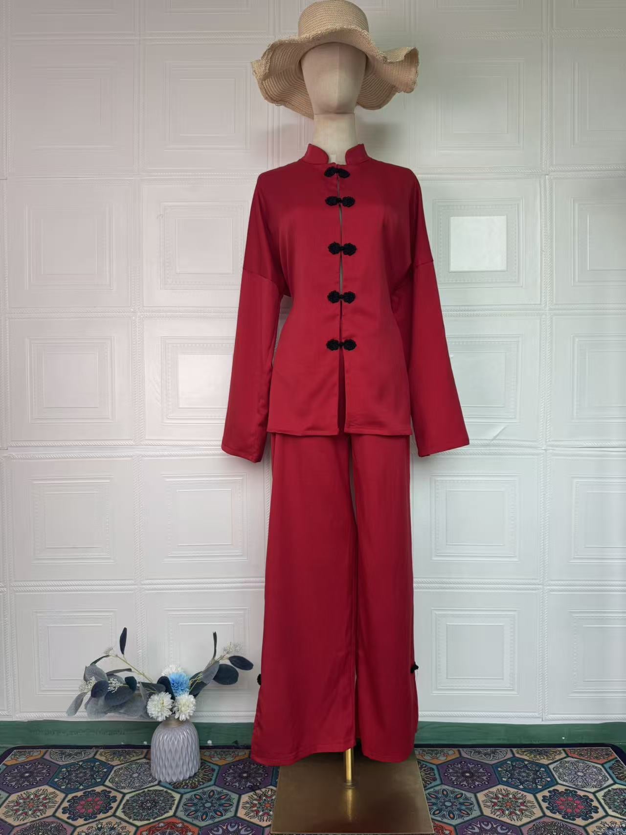 Women's Vintage Long Sleeve Loose Two-Piece Set – Dress & Long Pants, 5 Colors