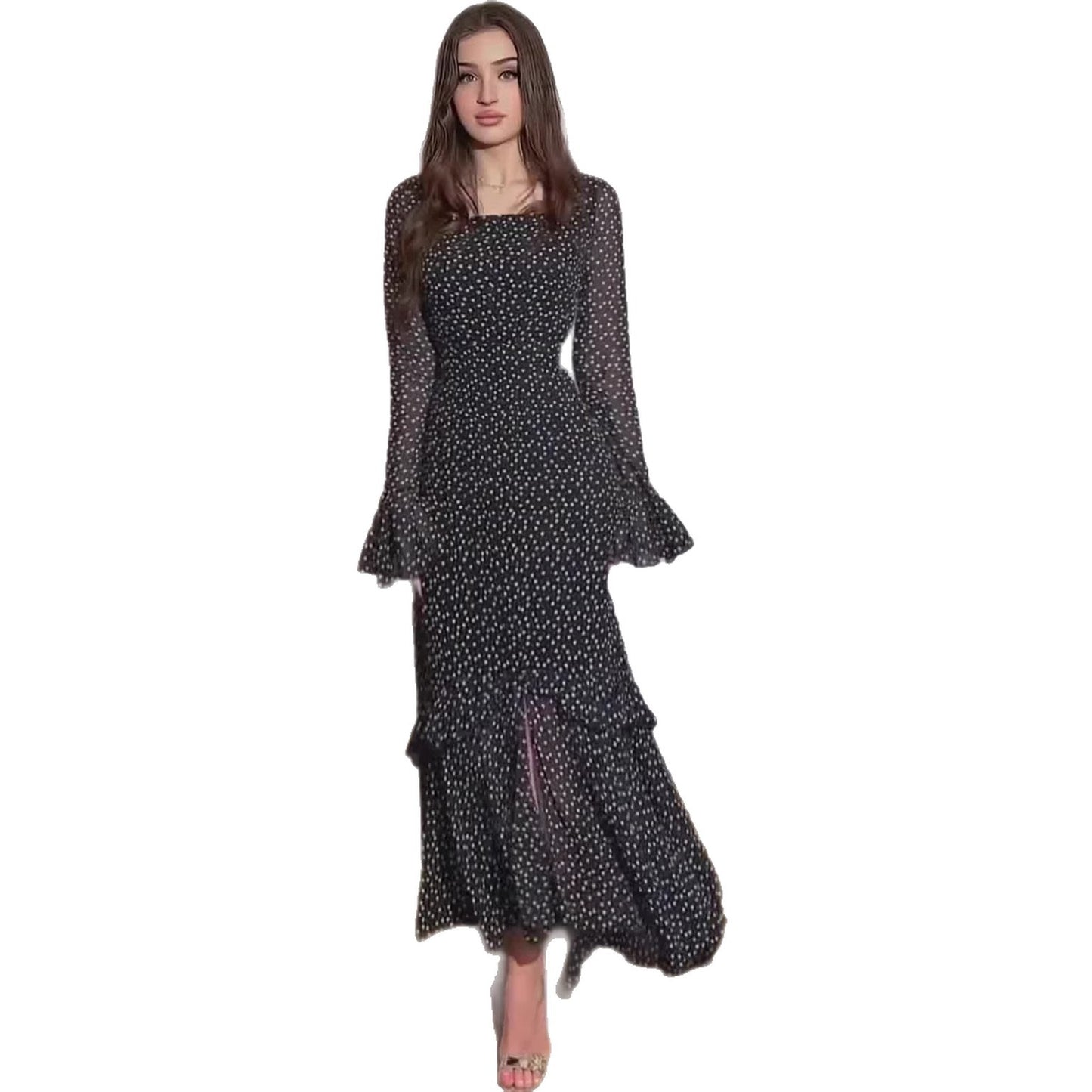 Polka Dot Ruffle Lantern Sleeve Maxi Dress – Elegant Chiffon Patchwork Women’s Spring Dress