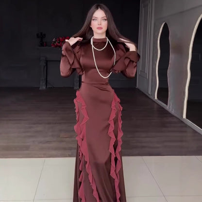 Women's Half High Neck Satin Chiffon Court Tie-Up Maxi Dress – Elegant Long Sleeve Gown