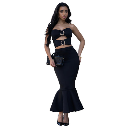 Women's Strapless Crop Top & Maxi Skirt Set – Elegant Commute Two-Piece