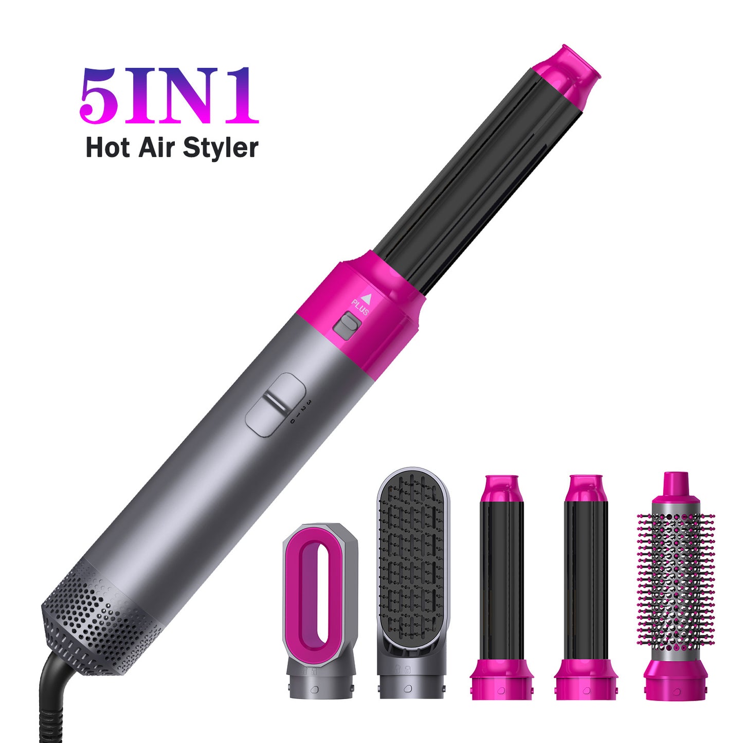All-in-one 5-in-1 hair styler with hot air brush and blow dryer. Dry, curl, straighten, and volumize effortlessly for salon-style results at home.