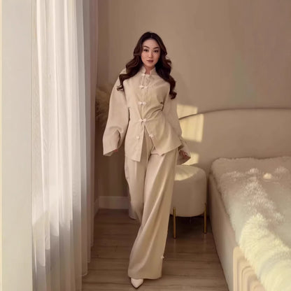 Women's Vintage Long Sleeve Loose Two-Piece Set – Dress & Long Pants, 5 Colors