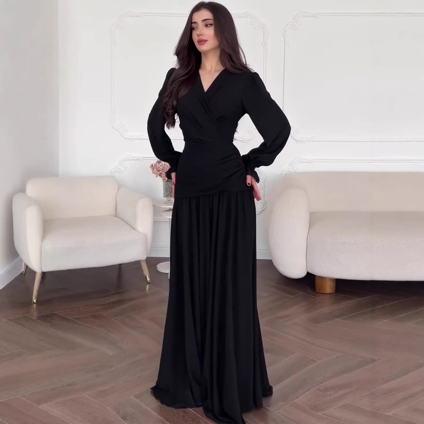 Elegant Polka Dot A-Line Long Sleeve Dress – Square Neck High Waist Women’s Chiffon Dress | Black & Burgundy