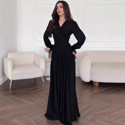 Elegant Polka Dot A-Line Long Sleeve Dress – Square Neck High Waist Women’s Chiffon Dress | Black & Burgundy