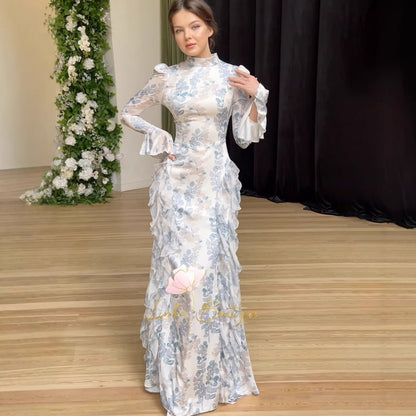 Women's Floral Print Satin Long Sleeve Bodycon Maxi Dress – Blue Leaves Tie Detail