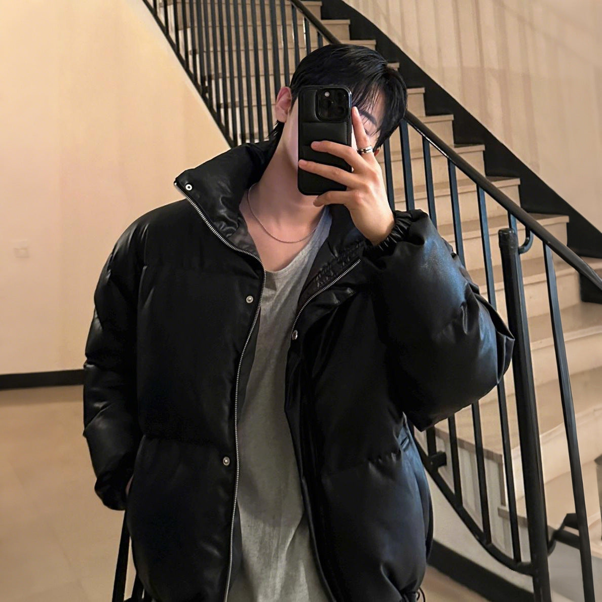 Men’s Retro Luxe PU Leather Cotton Jacket – Short Winter Coat | Loose Fit Warm Commuter Outerwear