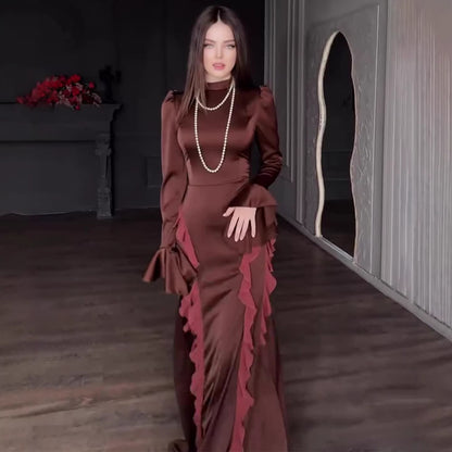 Women's Half High Neck Satin Chiffon Court Tie-Up Maxi Dress – Elegant Long Sleeve Gown
