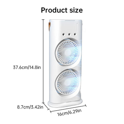 Rechargeable mini fan with spray mist cooling and LED light. Compact, quiet, and refreshing—ideal for desktop, bedroom, and small room ventilation.
