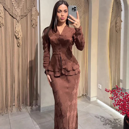 Women's Literary Retro Floral V-Neck Long Sleeve Fitted Maxi Dress – Dark Brown