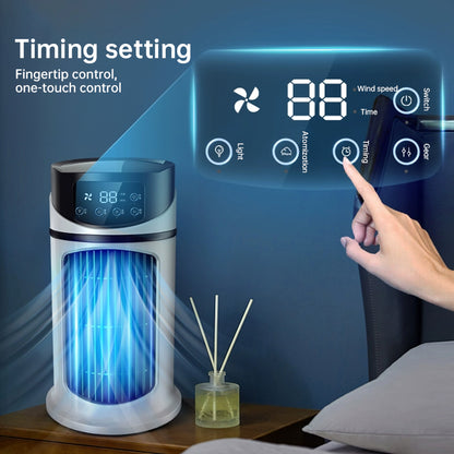 Compact mini USB air cooler with six speed levels, silent operation, and timer function. Bladeless design for safe, efficient personal cooling at home or office.