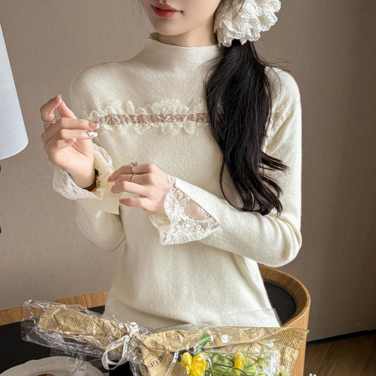 Lace Trim Halter Neck Knit Top - Hollow Out Long Sleeve