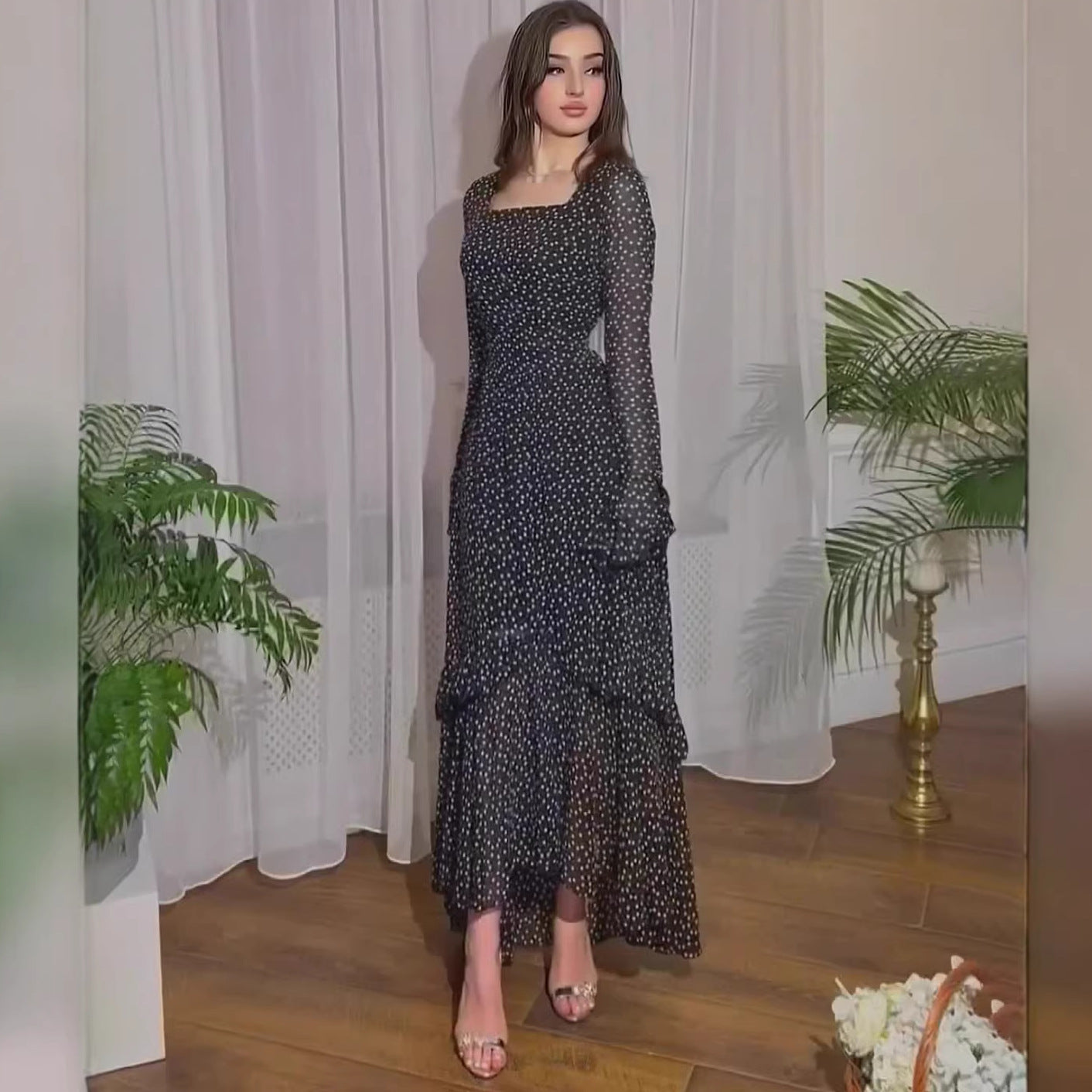 Polka Dot Ruffle Lantern Sleeve Maxi Dress – Elegant Chiffon Patchwork Women’s Spring Dress