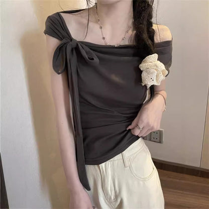 Women's Off Shoulder Strap Short Top – Slim Fit One-Word Collar Rayon Blouse