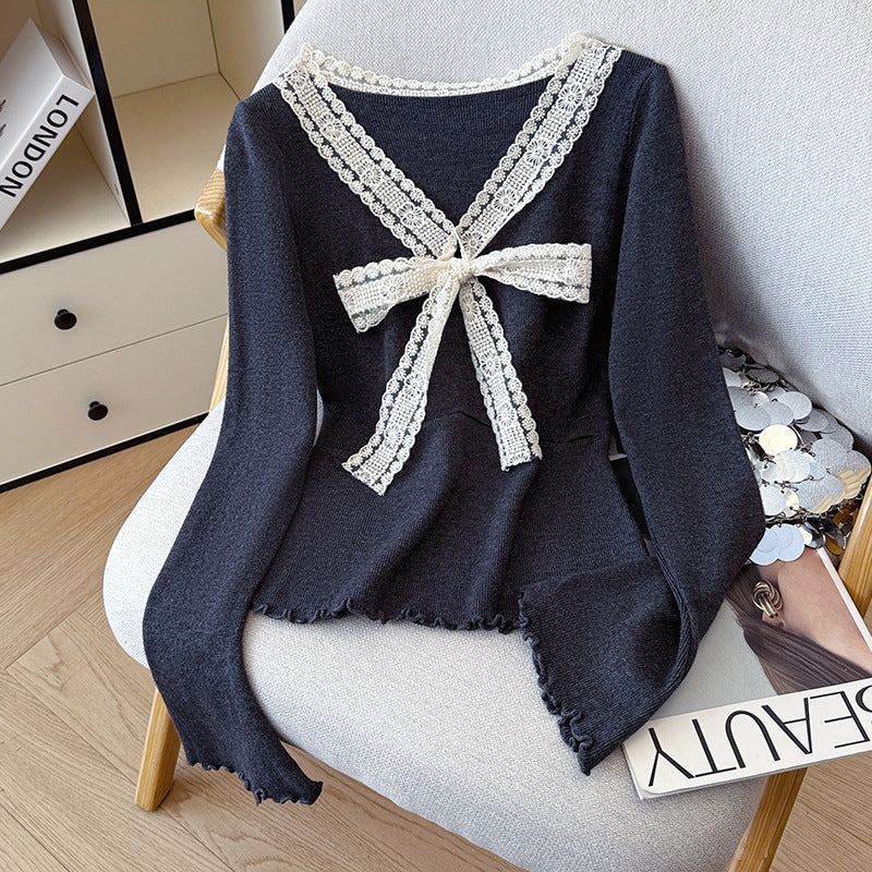 V-Neck Knit Sweater with Bow Detail - Flared Sleeve Pullover