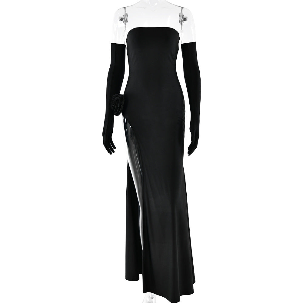 Women's Strapless Floral Inlay Backless Slit Maxi Dress – Sleeveless Evening Gown