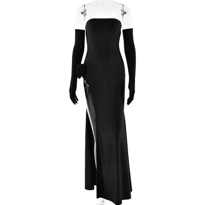 Women's Strapless Floral Inlay Backless Slit Maxi Dress – Sleeveless Evening Gown