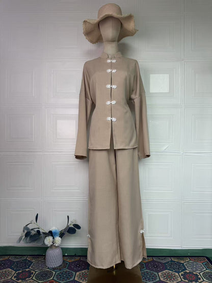 Women's Vintage Long Sleeve Loose Two-Piece Set – Dress & Long Pants, 5 Colors