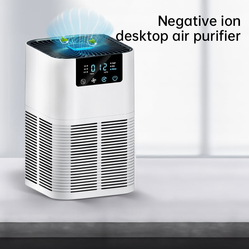 Compact negative ion desktop air purifier for indoor use. Helps reduce formaldehyde, remove odors, and support cleaner, fresher air at home or office.
