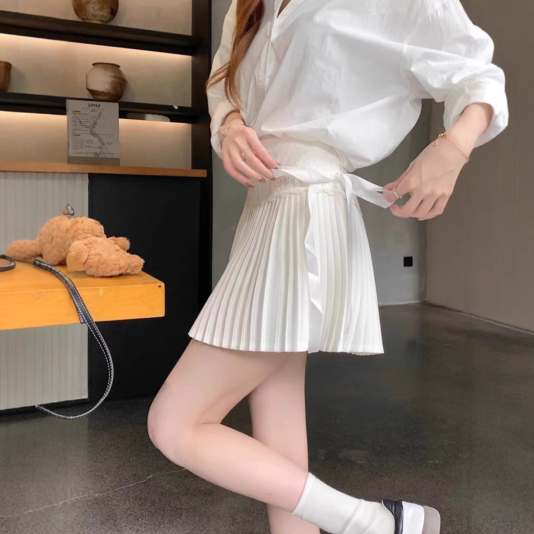 Women's White Lace Trim Pleated Mini Skirt – High Waist Ballet Style
