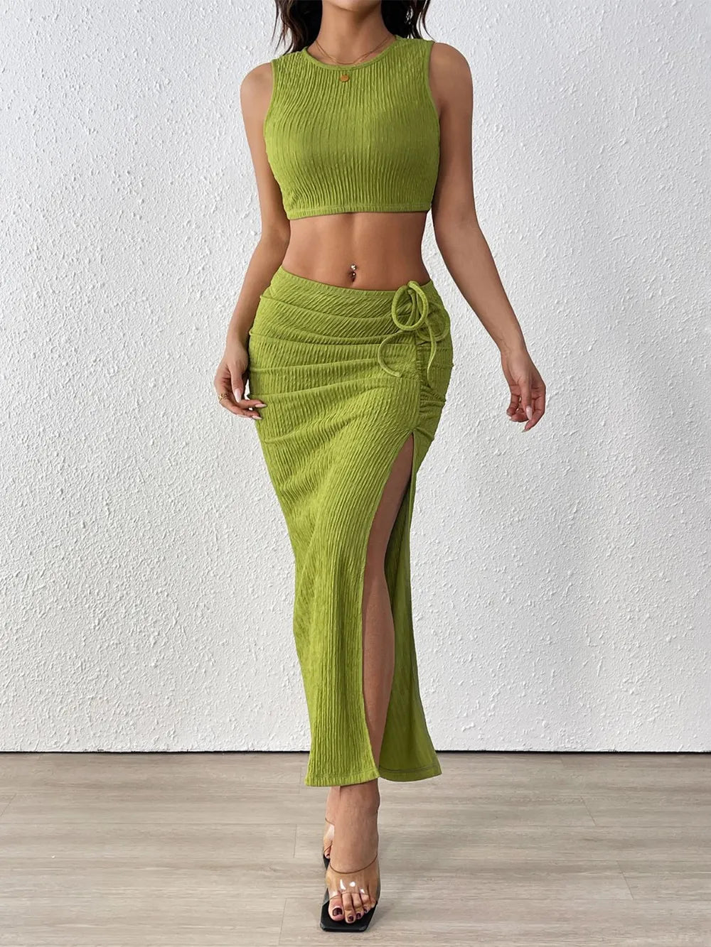 Textured Cropped Tank & Ruched Skirt Set - Two-Piece Outfit with Slit